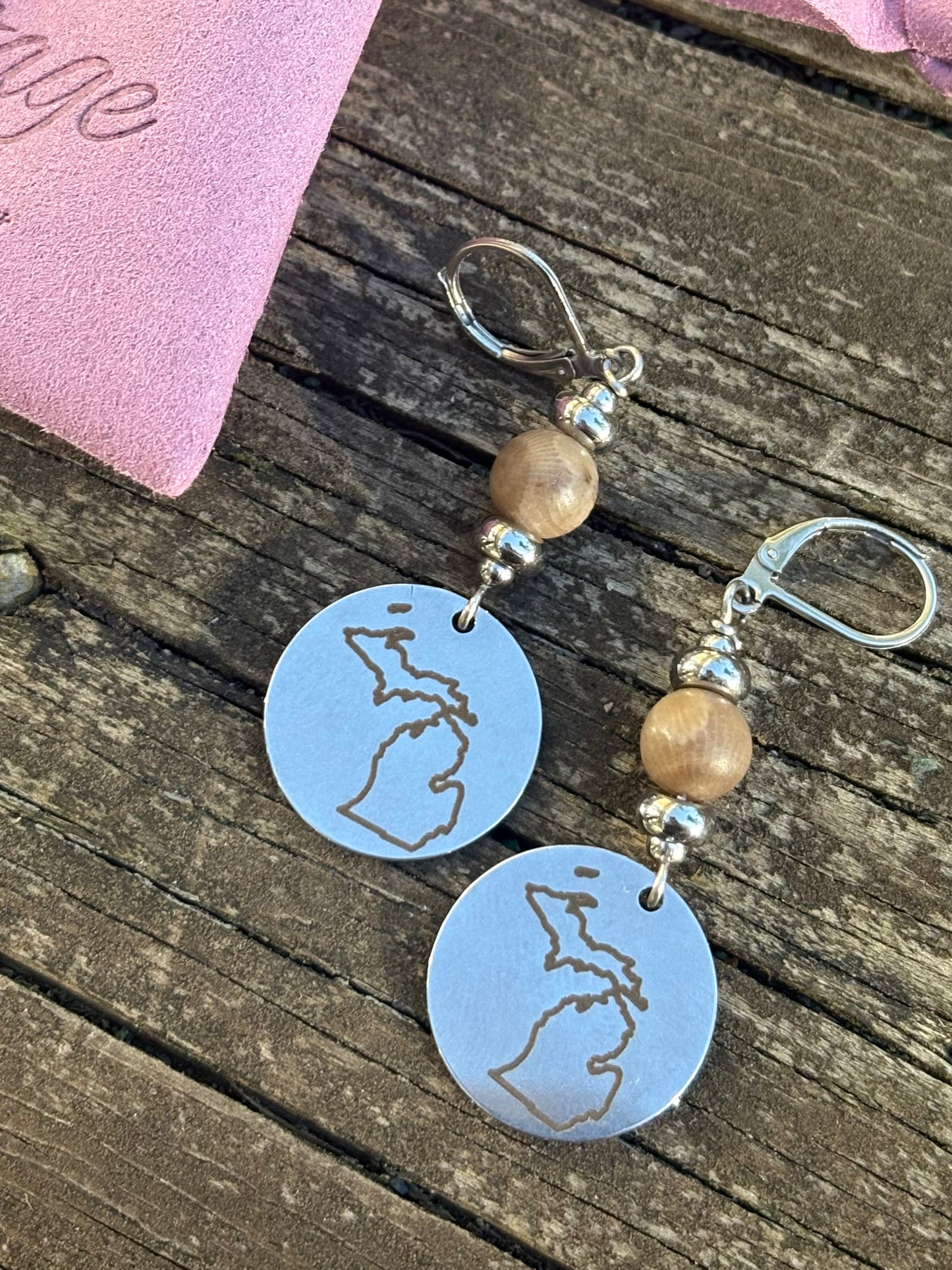 Michigan Charm Earrings with Petoskey Stone – Stainless Steel