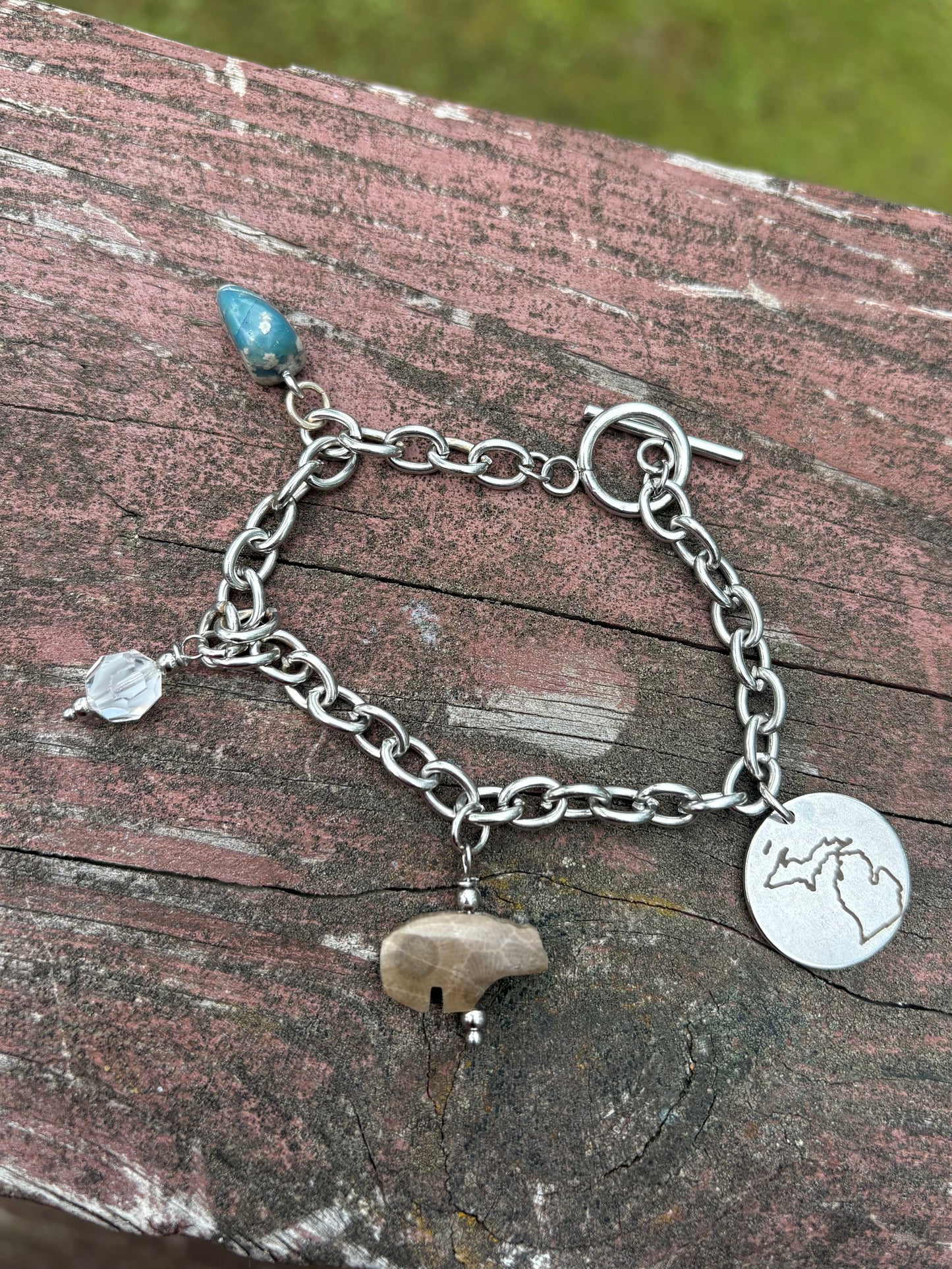 Michigan Charm Bracelet – Leland Blue, Petoskey Bear & Vintage Swarovski | 7” Stainless Steel