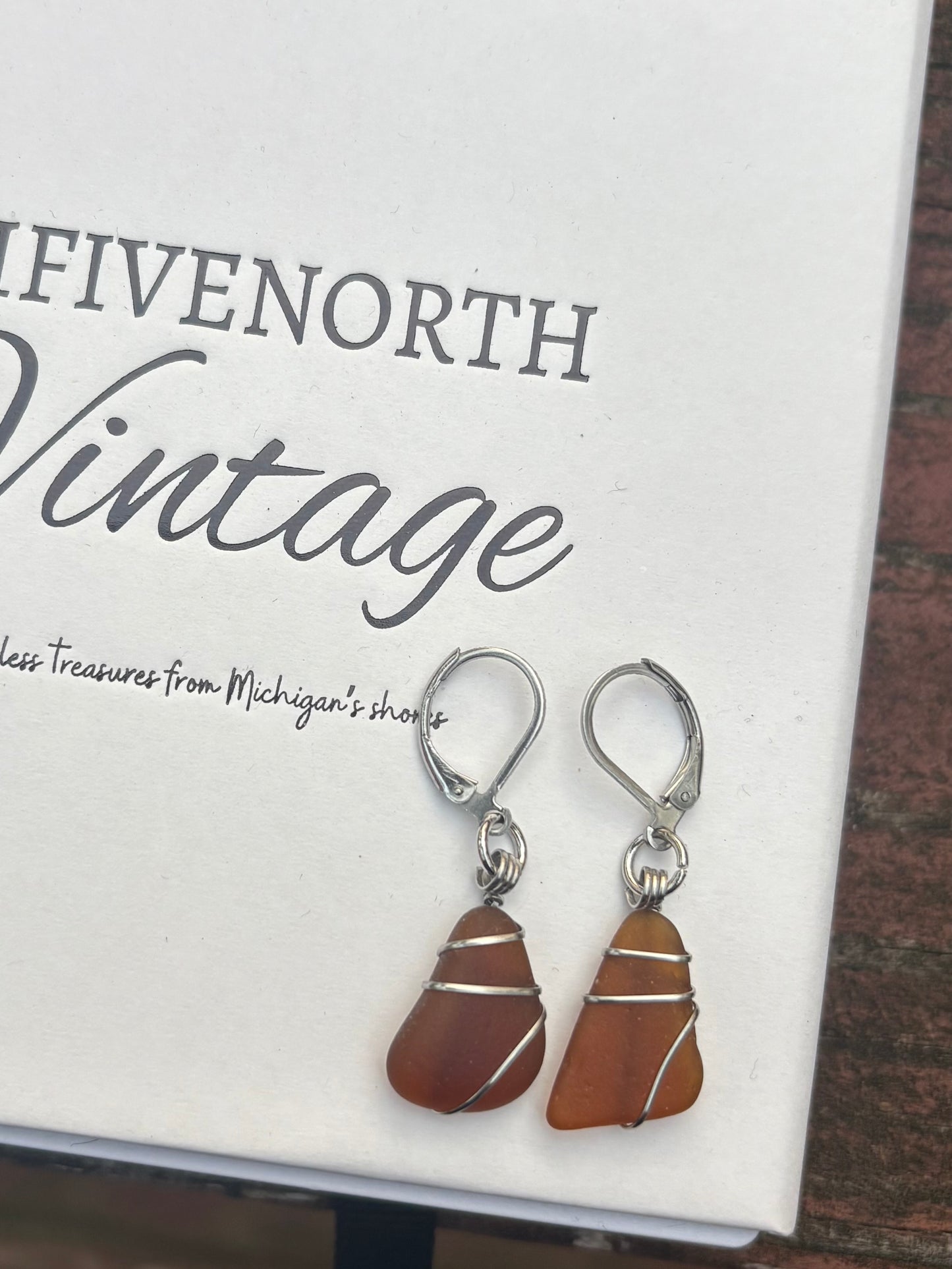 Brown Lake Michigan Beach Glass Earrings – Stainless Steel Wire Wrapped