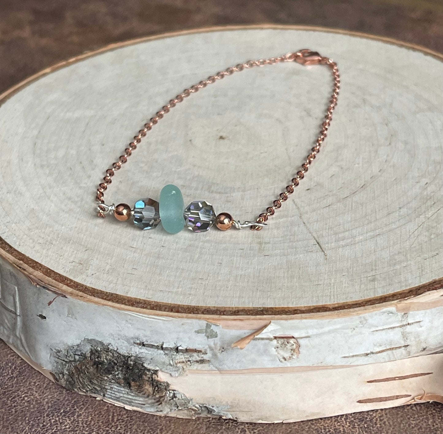 Beautiful Authentic Baby Blue beach glass + Vintage Swarovski crystals 9” anklet