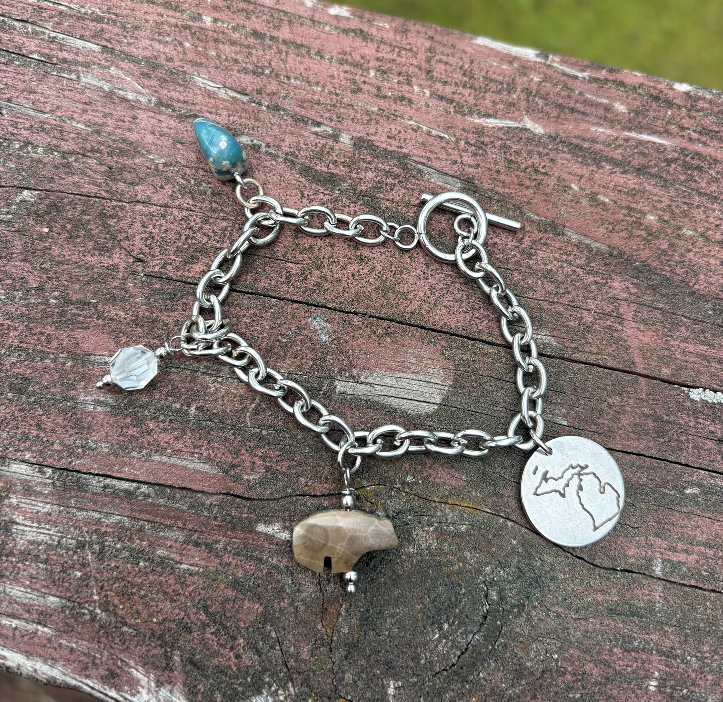 Michigan Charm Bracelet – Leland Blue, Petoskey Bear & Vintage Swarovski | 7” Stainless Steel