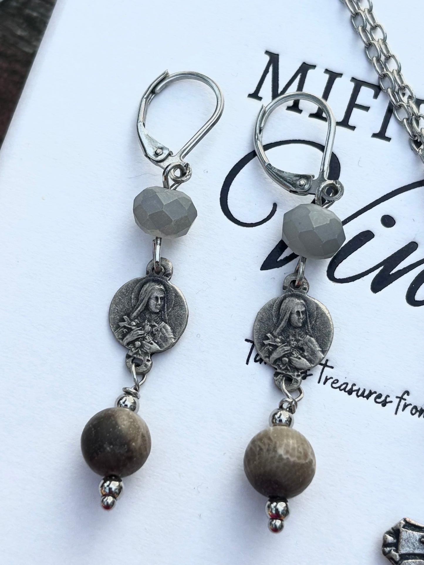 Vintage French Rosary & Petoskey Stone Jewelry Set – Earrings + 26” Stainless Steel Necklace