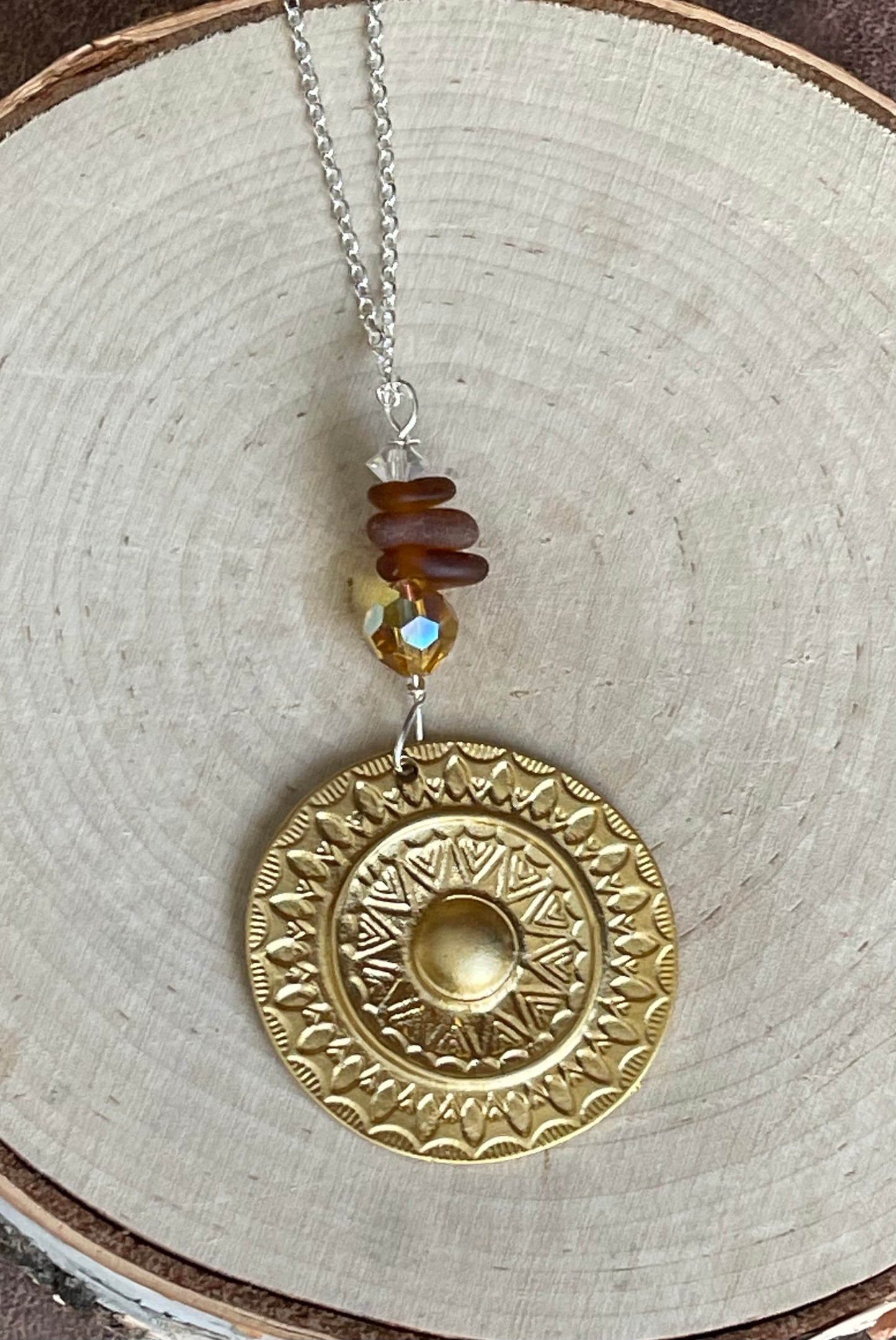 Good Plated Medallion + Authentic Lake Michigan Beach Glass + Topaz Vintage Swarovski Crystal
