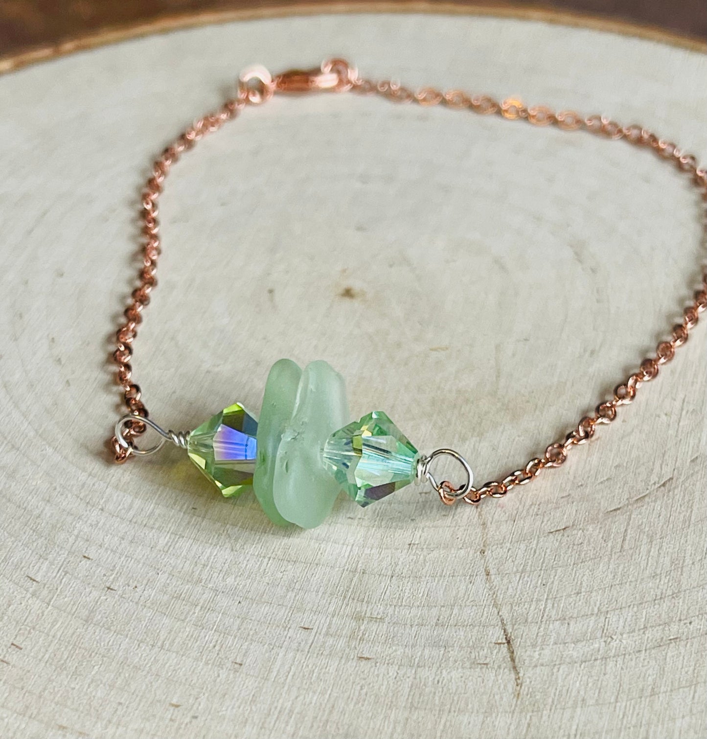 9” Rose Gold Plated anklet with Seafoam Green Authentic Beach Glass