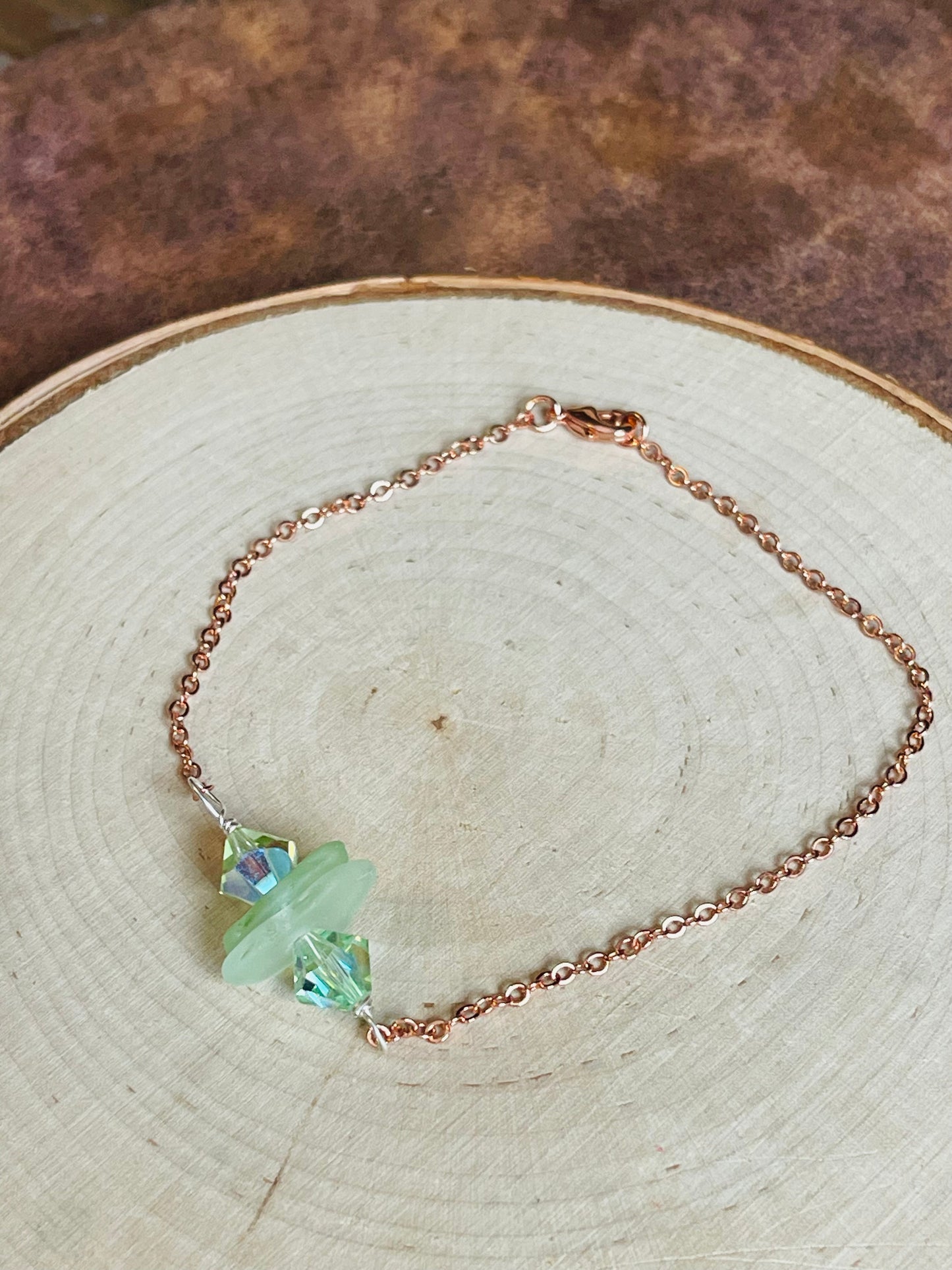 9” Rose Gold Plated anklet with Seafoam Green Authentic Beach Glass