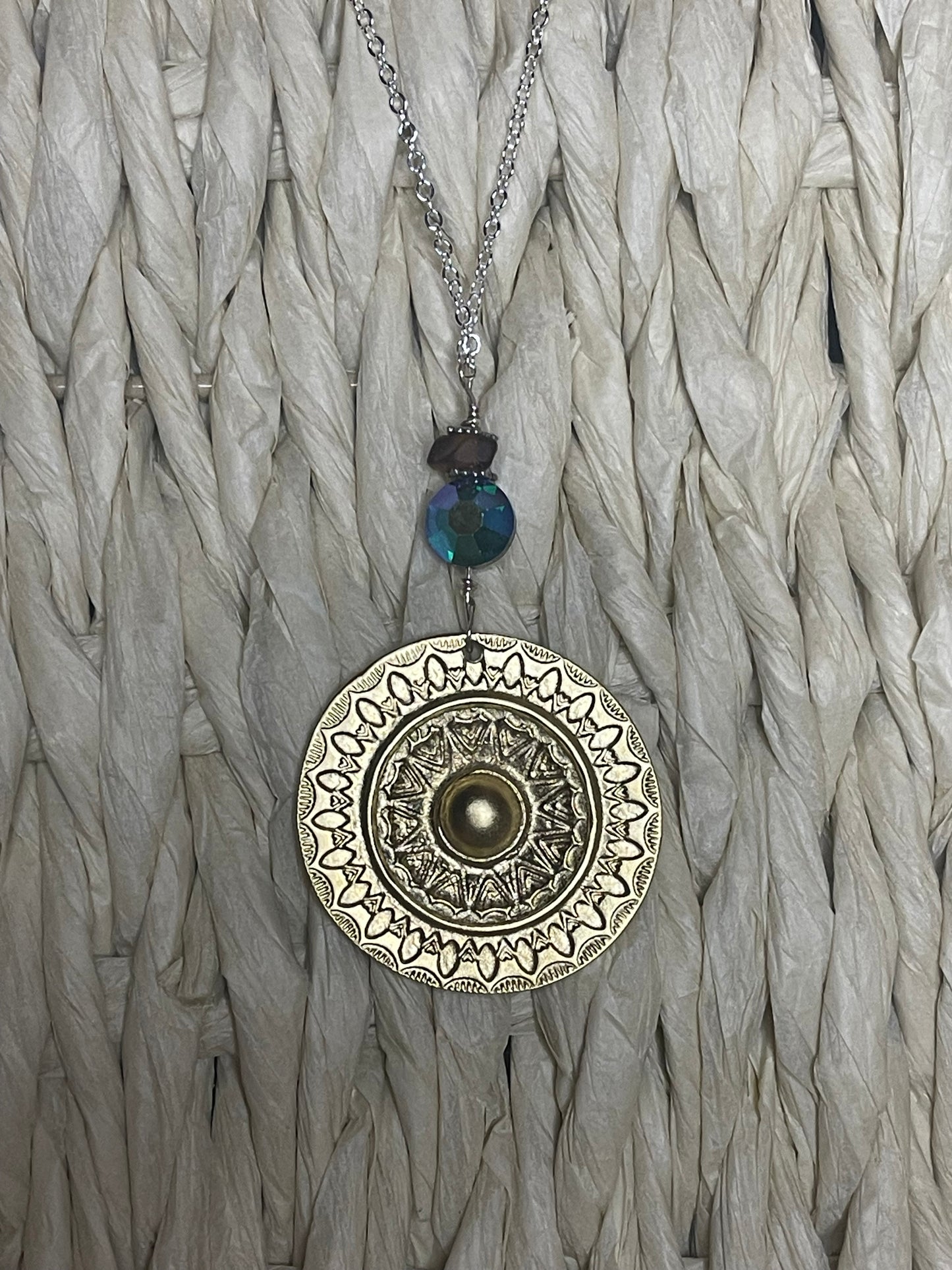 Gorgeous gold plated medallion pendant necklace with Michigan beach glass and emerald Swarovski crystal