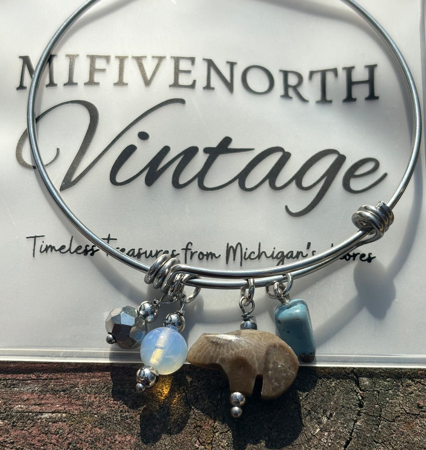 Petoskey Stone Bear Charm Bracelet – Michigan Gemstone Bangle