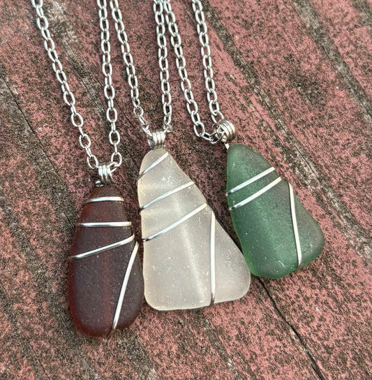Lake Michigan Beach Glass Necklace – Stainless Steel Wire Wrapped Pendant