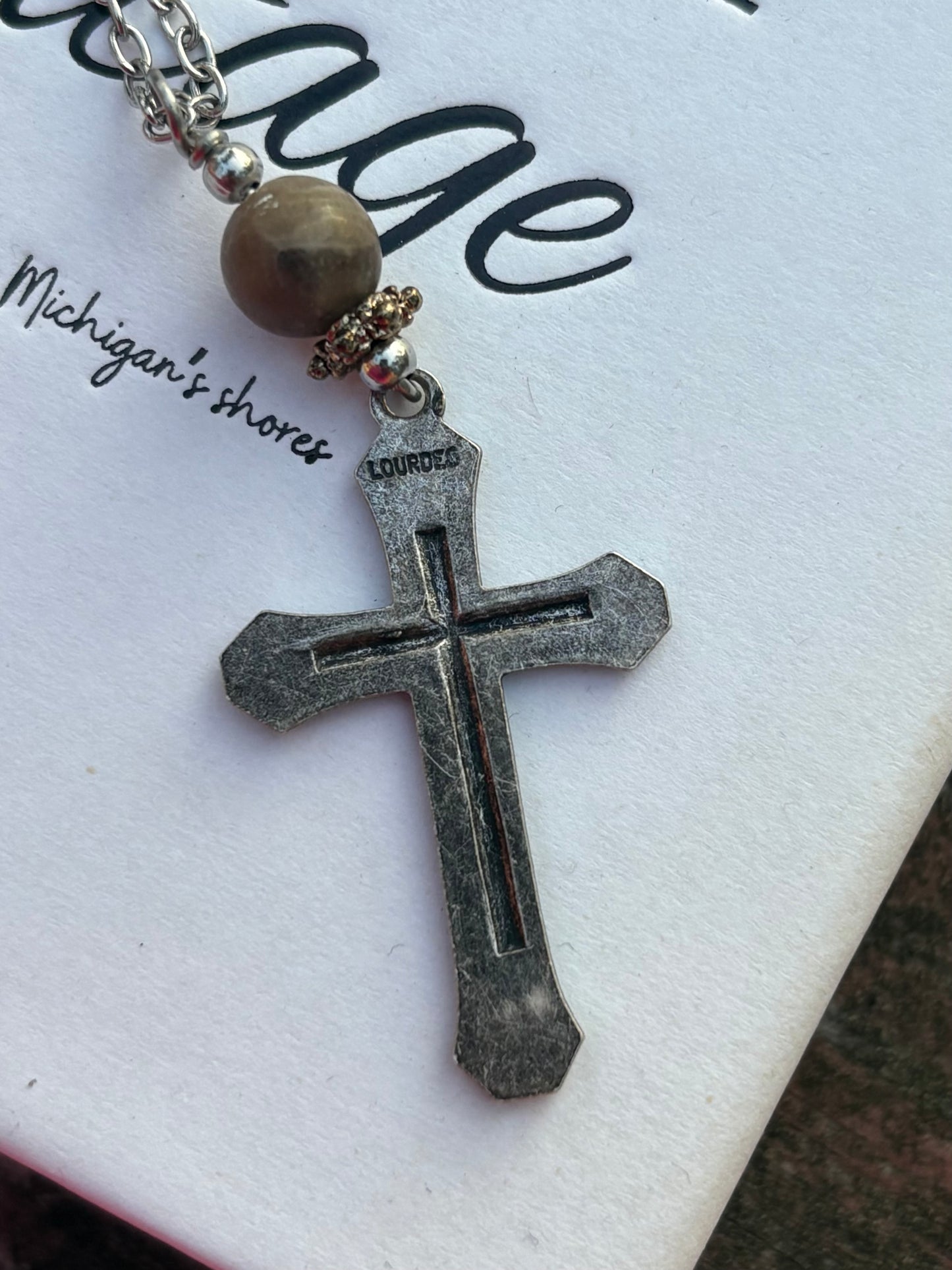 Vintage French Rosary & Petoskey Stone Jewelry Set – Earrings + 26” Stainless Steel Necklace