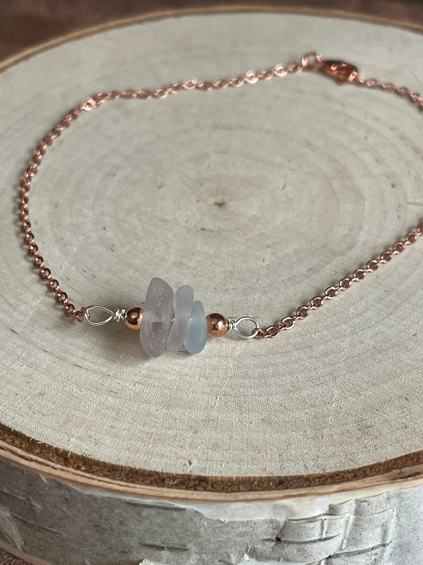 10” Rose gold plated anklet with pastel authentic Great Lakes beach glass