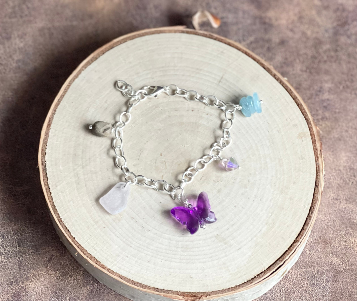 Authentic Lake Erie Lavender beach glass + Petoskey stone charm bracelet