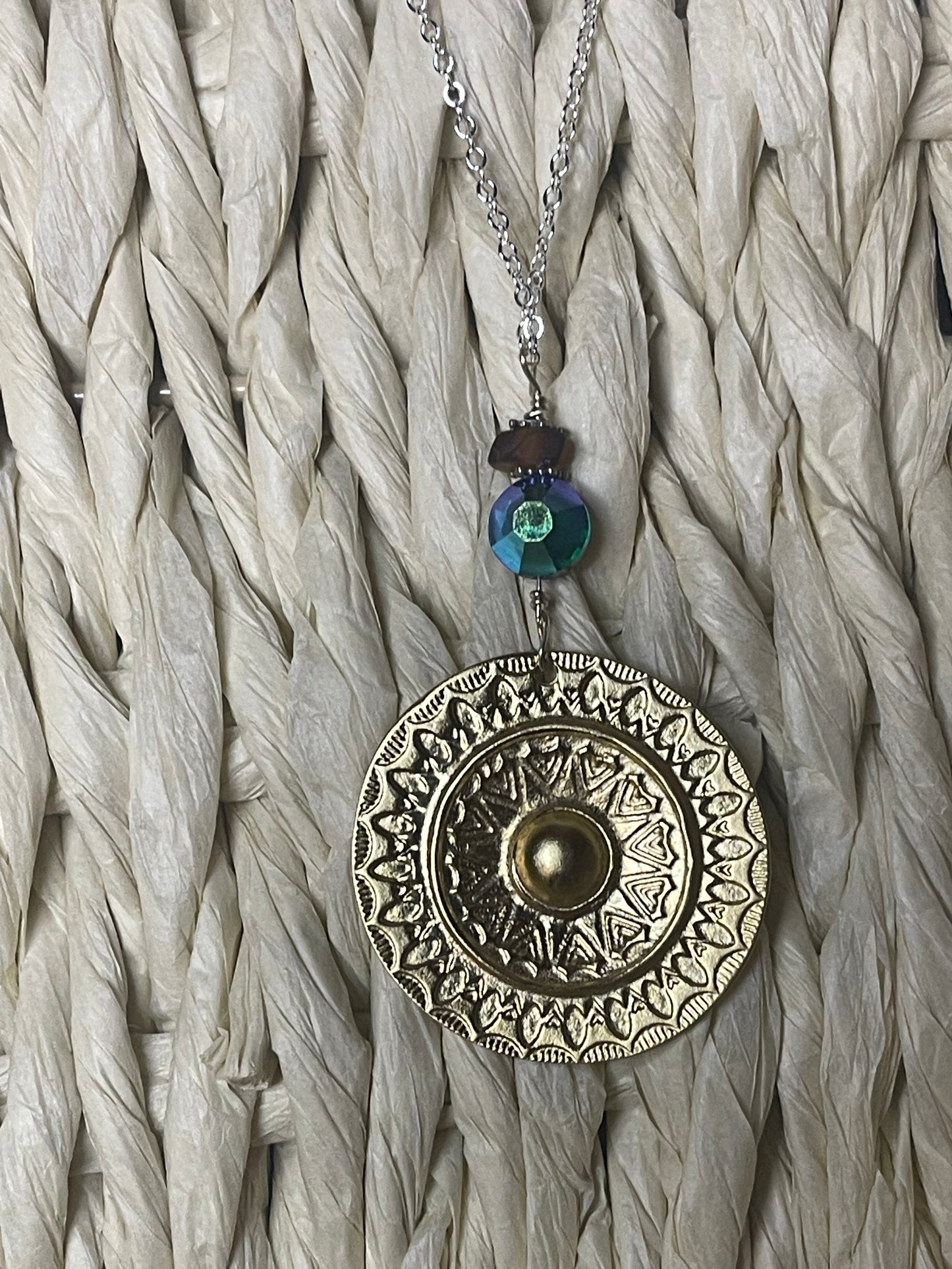 Gorgeous gold plated medallion pendant necklace with Michigan beach glass and emerald Swarovski crystal