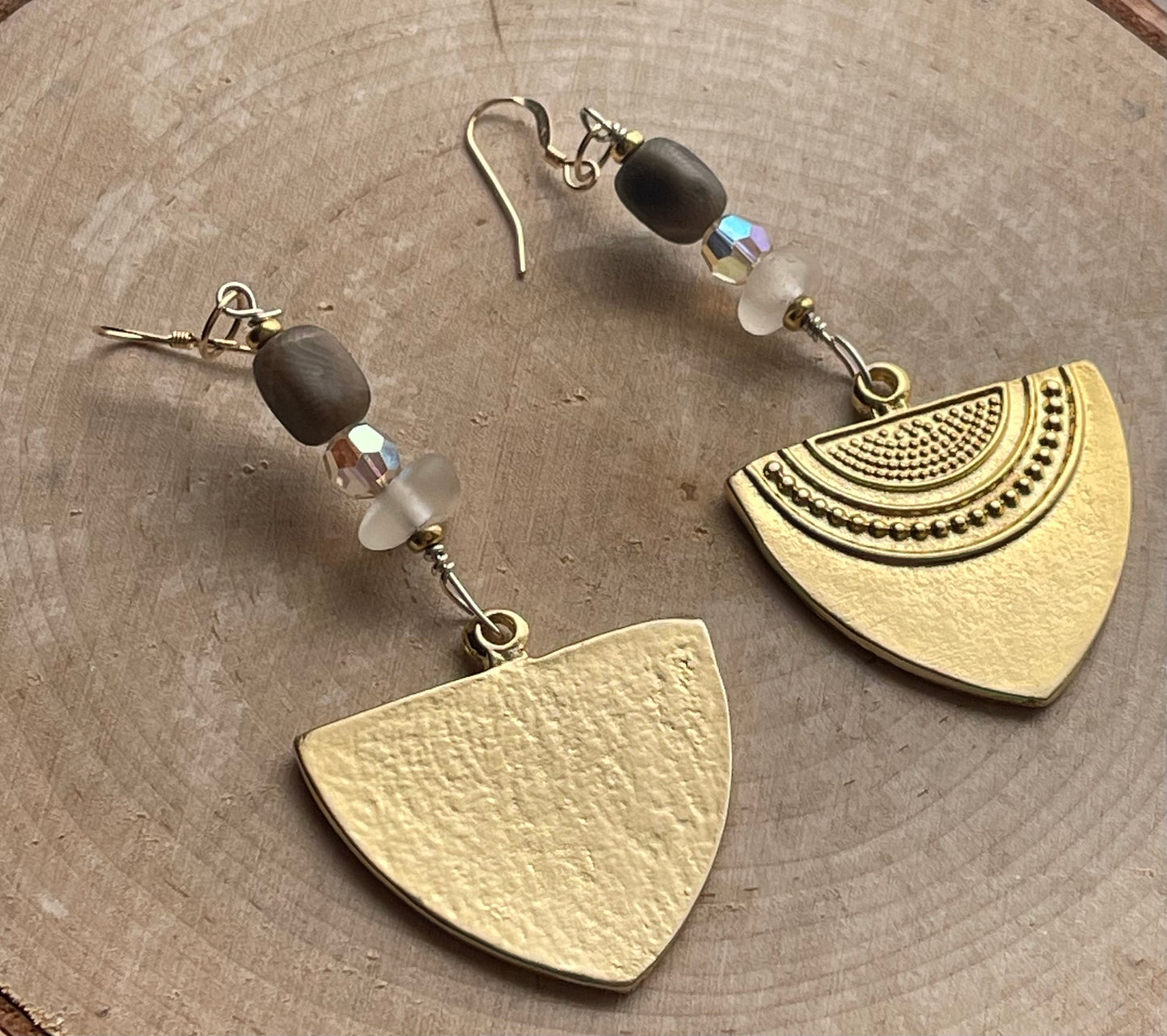 Gold plated brass geometrical pendant earrings with beach glass, Swarovski crystals and Petoskey stones
