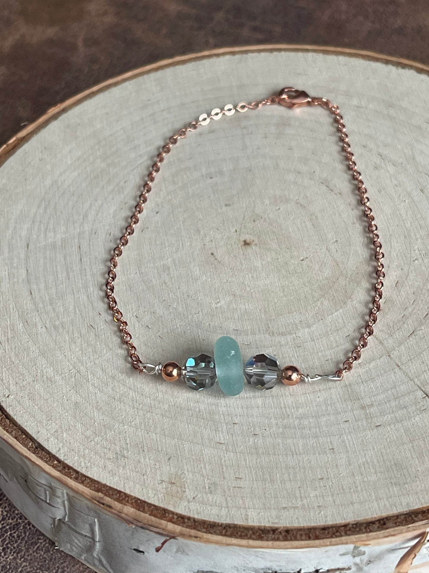Beautiful Authentic Baby Blue beach glass + Vintage Swarovski crystals 9” anklet