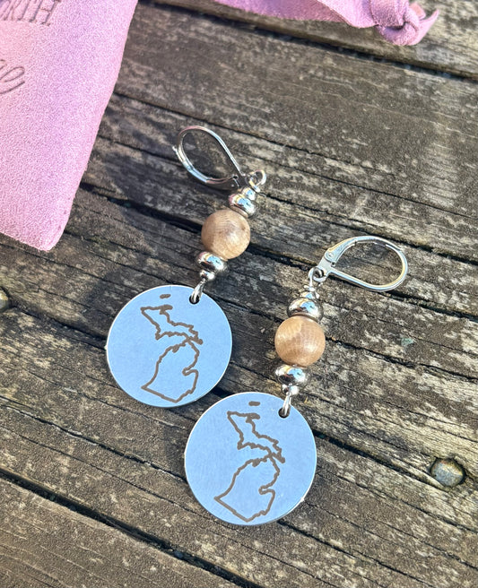 Michigan Charm Earrings with Petoskey Stone – Stainless Steel