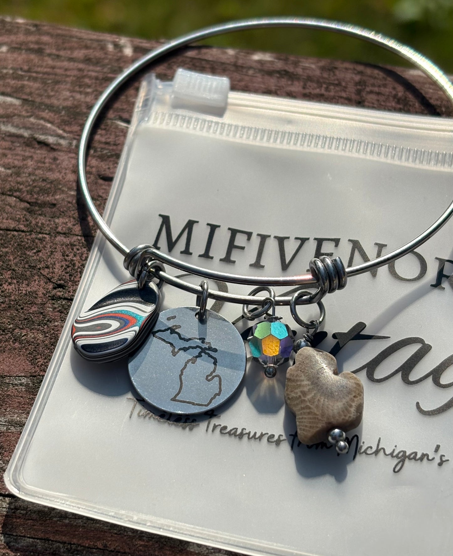 Michigan Charm Bracelet – Petoskey Stone, Fordite & Swarovski Crystal