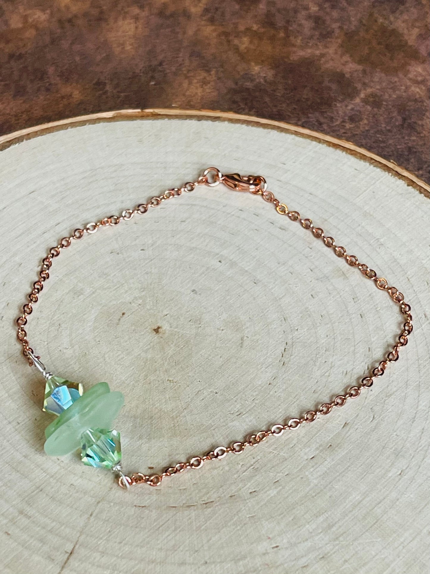 9” Rose Gold Plated anklet with Seafoam Green Authentic Beach Glass