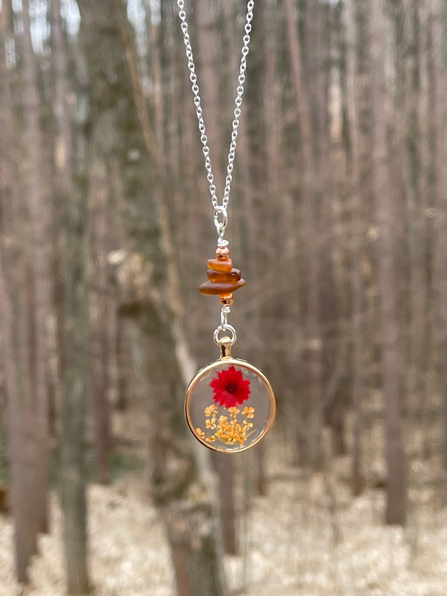 Gorgeous Genuine Pressed Flower pendant + Lake Michigan Beach Glass necklace