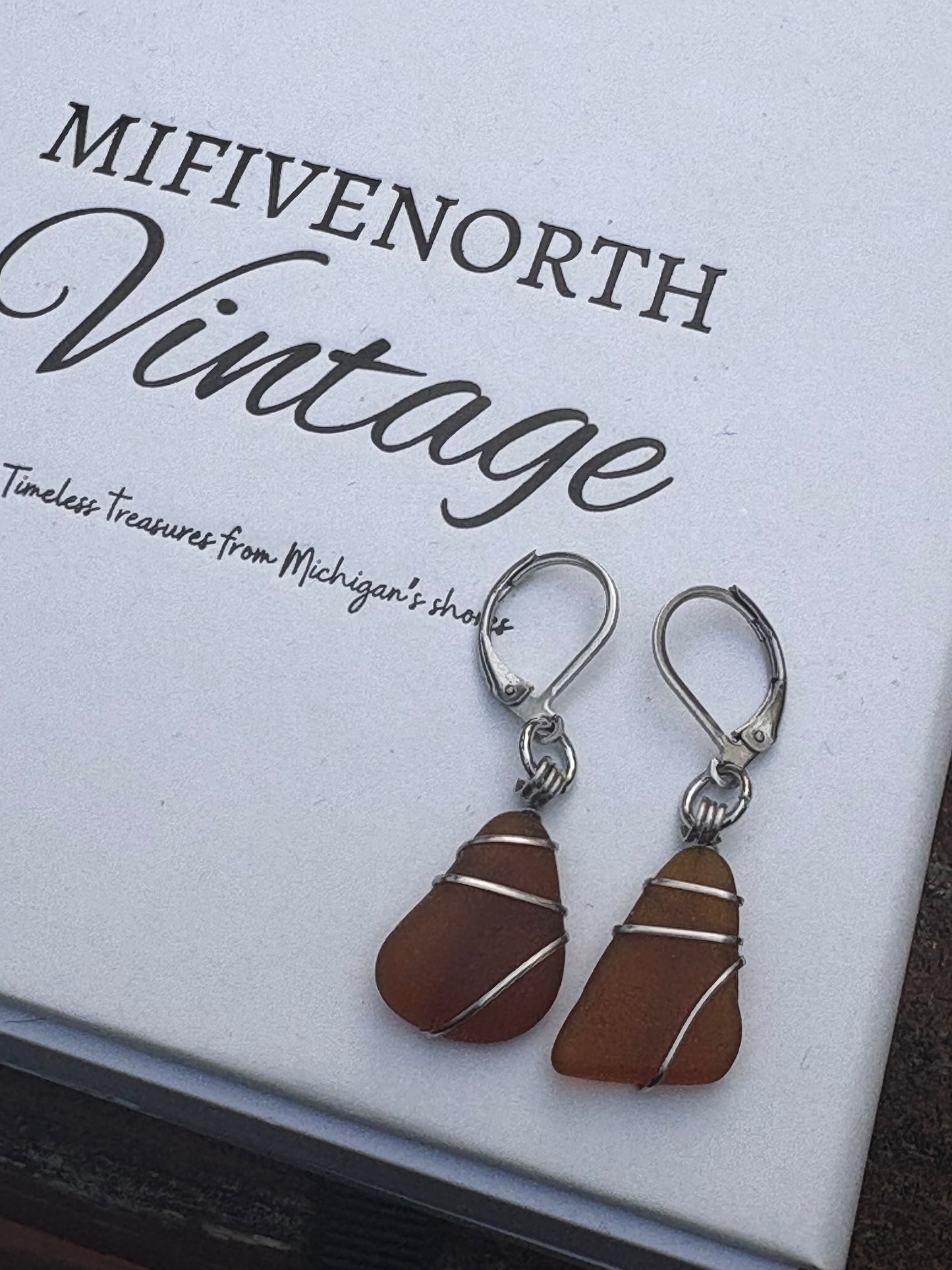 Brown Lake Michigan Beach Glass Earrings – Stainless Steel Wire Wrapped