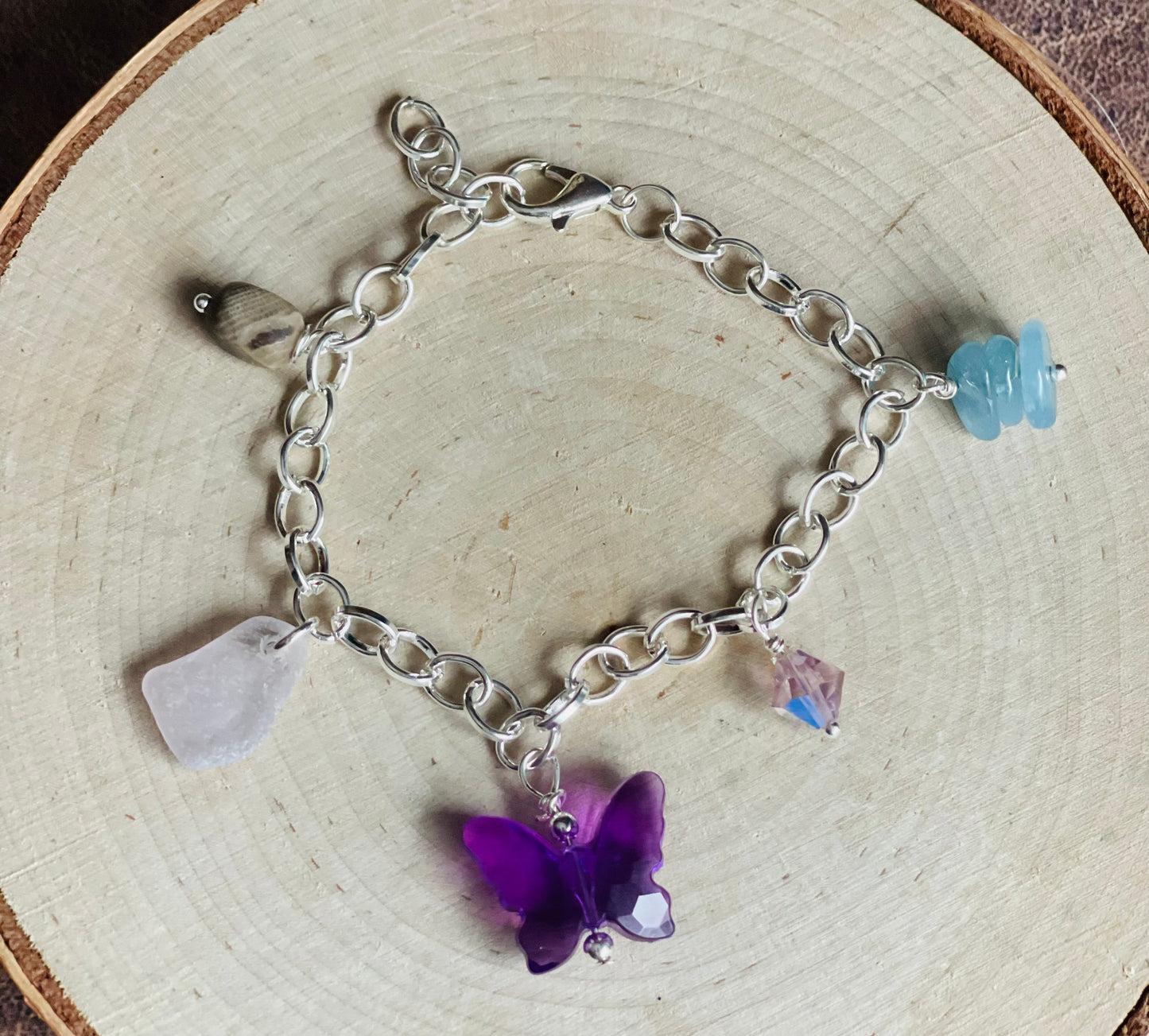 Authentic Lake Erie Lavender beach glass + Petoskey stone charm bracelet