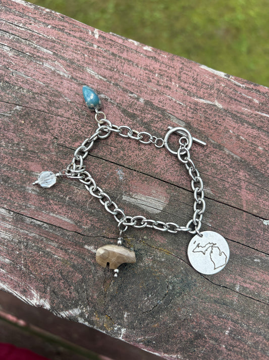Michigan Charm Bracelet – Leland Blue, Petoskey Bear & Vintage Swarovski | 7” Stainless Steel