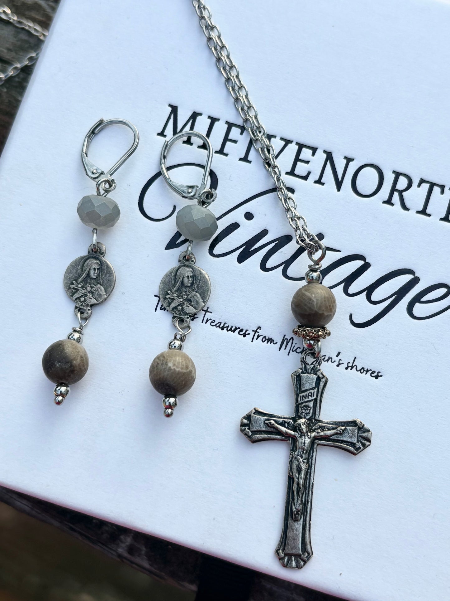 Vintage French Rosary & Petoskey Stone Jewelry Set – Earrings + 26” Stainless Steel Necklace