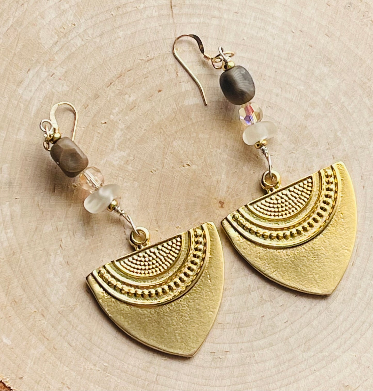 Gold plated brass geometrical pendant earrings with beach glass, Swarovski crystals and Petoskey stones