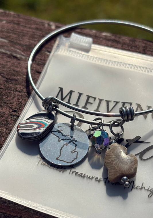 Michigan Charm Bracelet – Petoskey Stone, Fordite & Swarovski Crystal