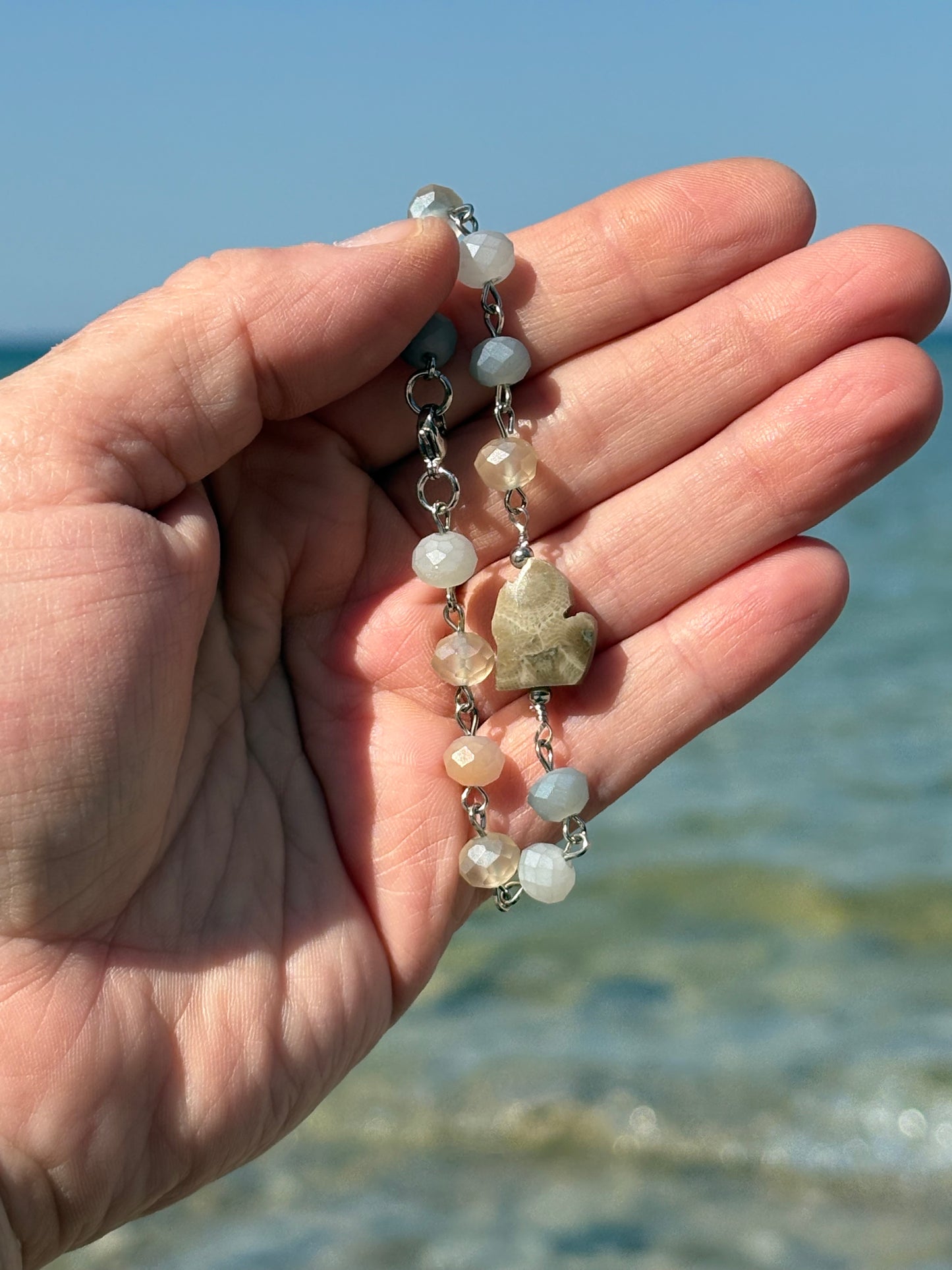 Pastel Rosary Chain Bracelet with Michigan Petoskey Stone β 7β Stainless Steel
