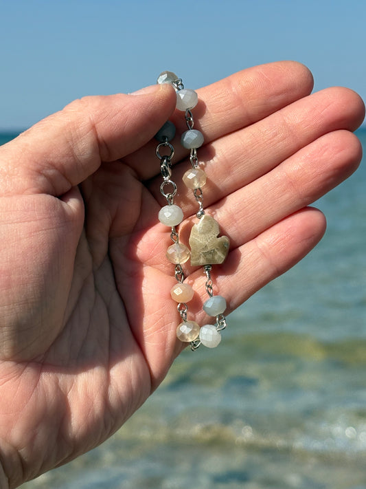 Pastel Rosary Chain Bracelet with Michigan Petoskey Stone – 7” Stainless Steel