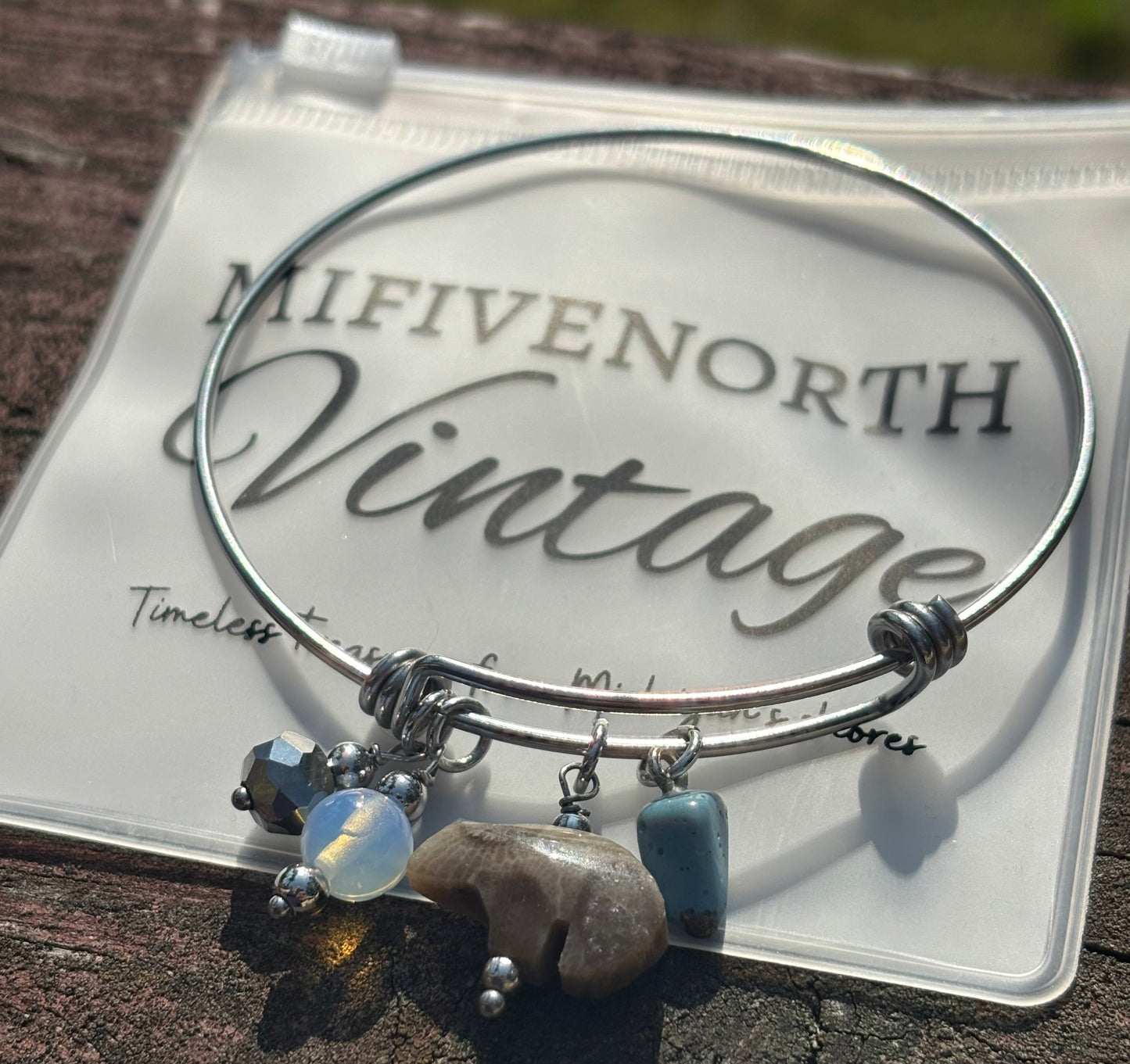 Petoskey Stone Bear Charm Bracelet – Michigan Gemstone Bangle
