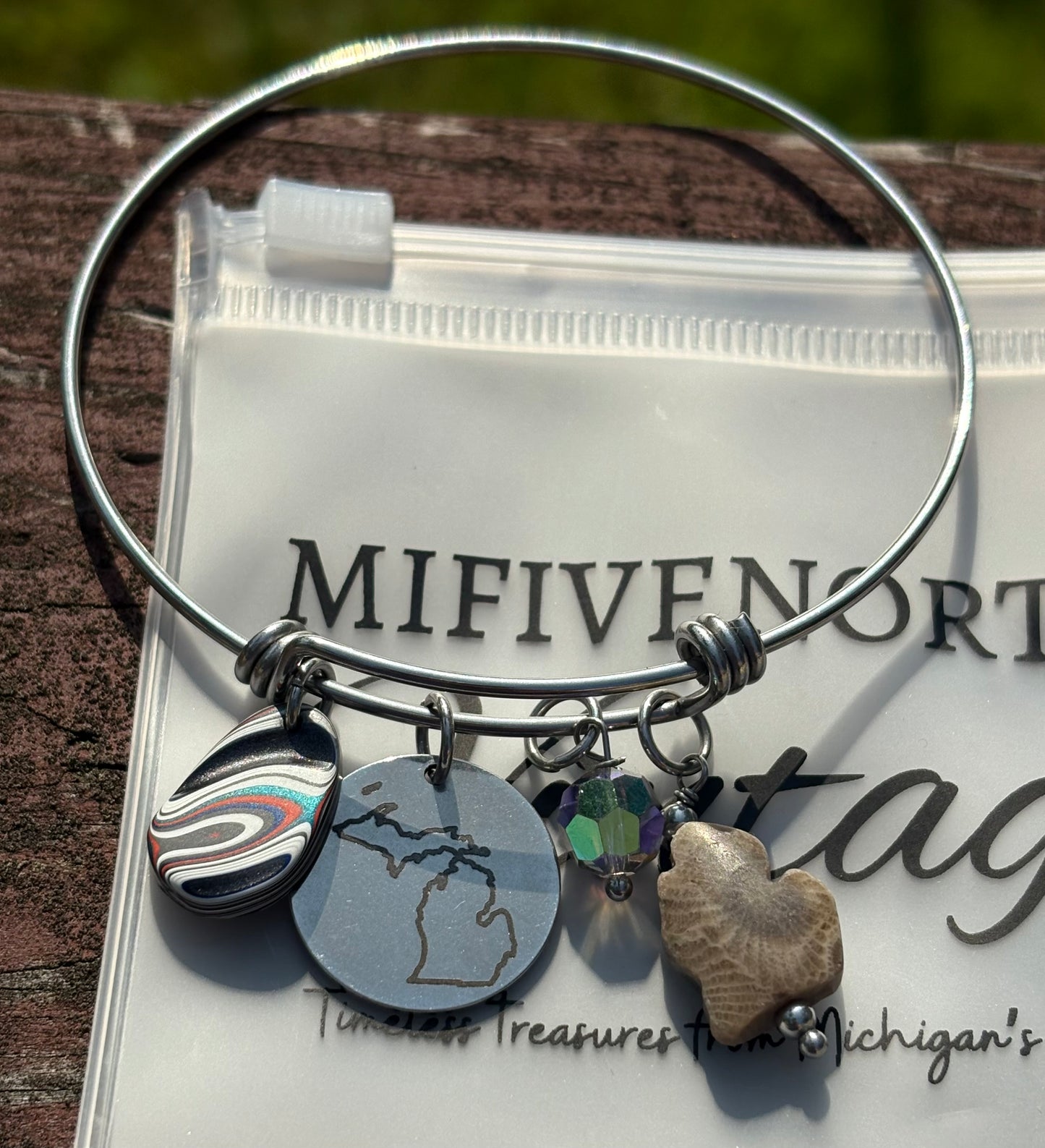 Michigan Charm Bracelet – Petoskey Stone, Fordite & Swarovski Crystal