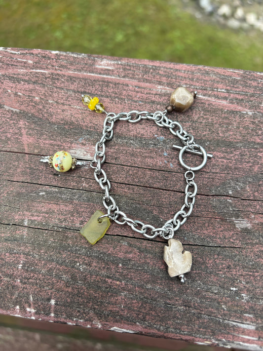 Michigan Charm Bracelet – Vintage Millefiori, Petoskey Stone & Beach Glass | 7” Stainless Steel