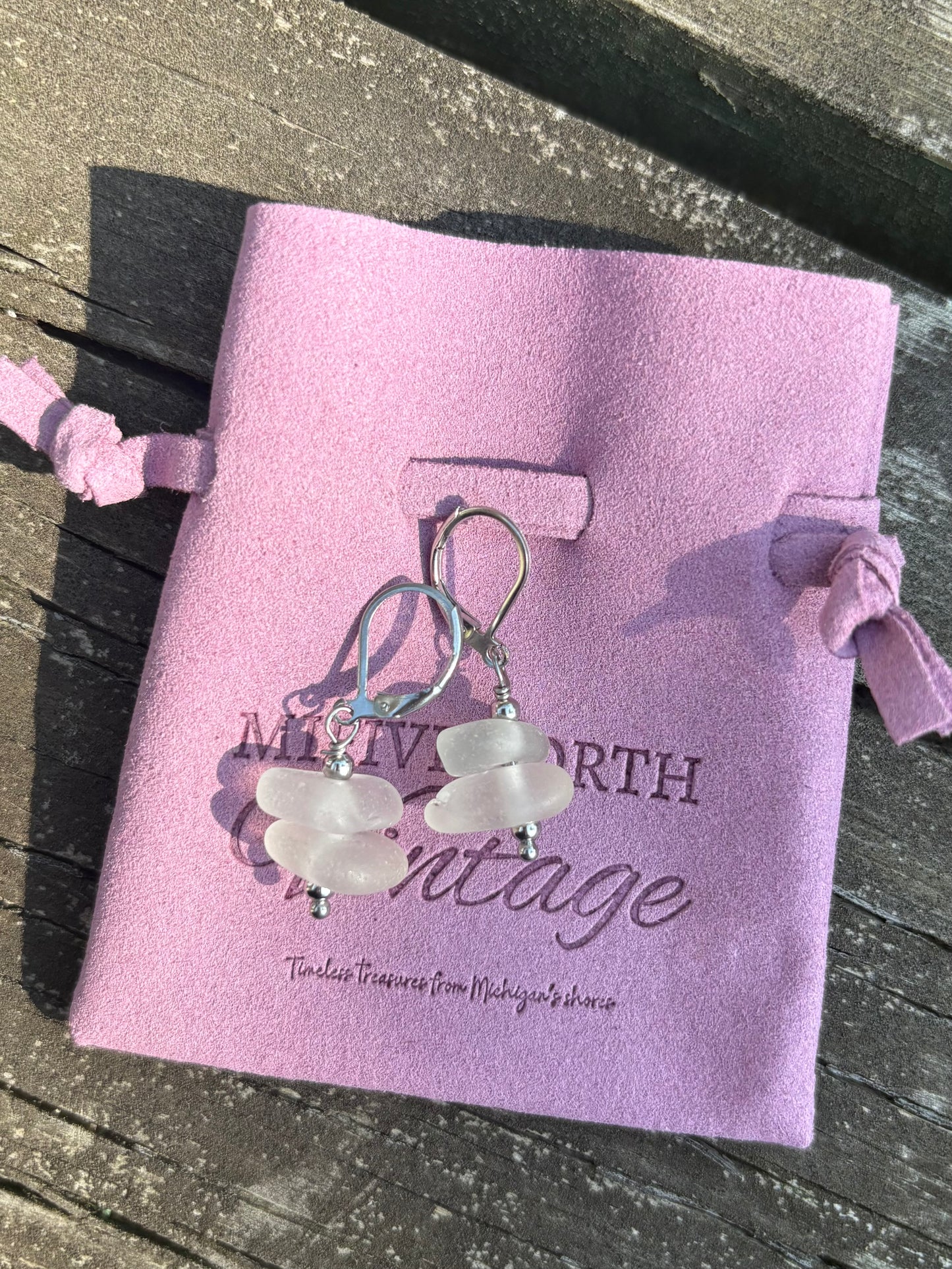 Lake Michigan Stacked White Beach Glass Earrings – Charlevoix Shores Edition