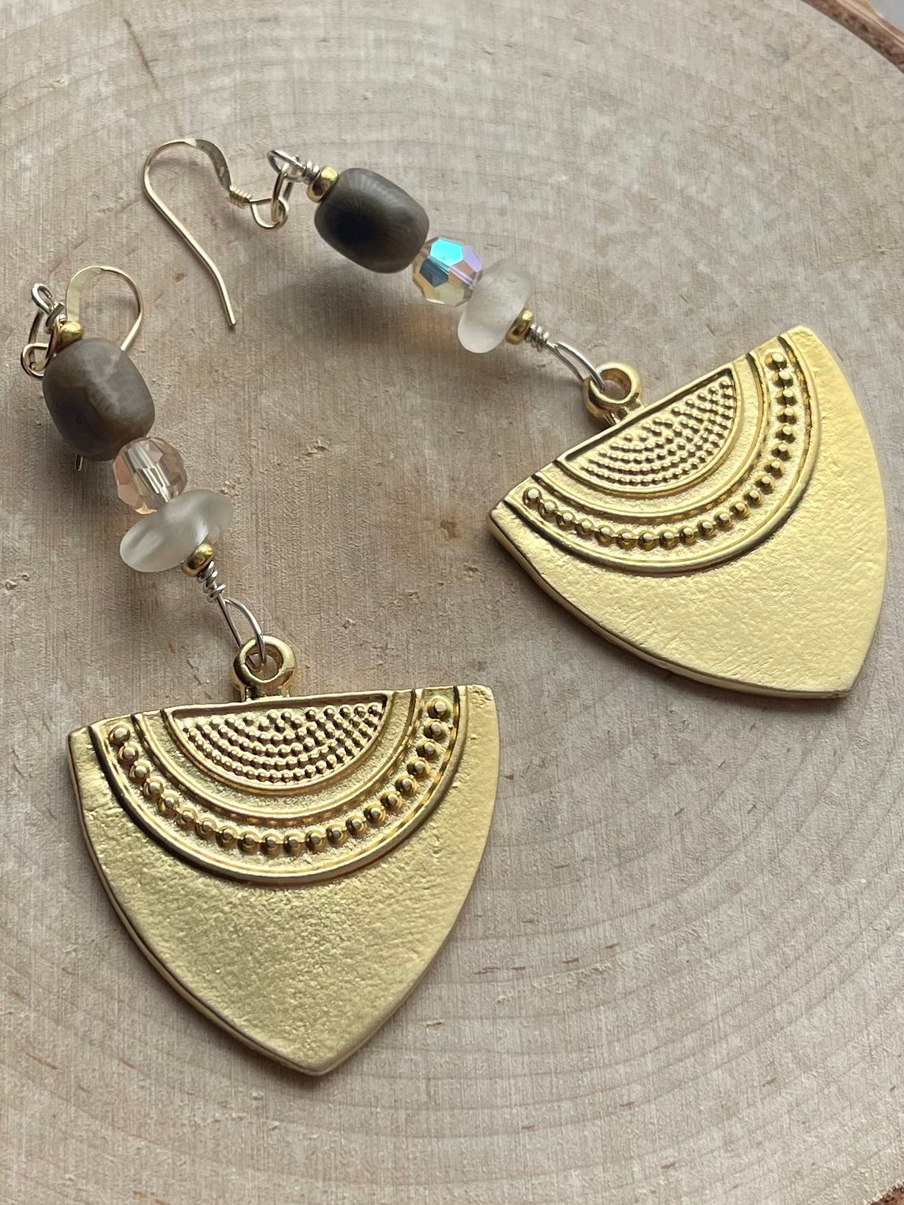 Gold plated brass geometrical pendant earrings with beach glass, Swarovski crystals and Petoskey stones