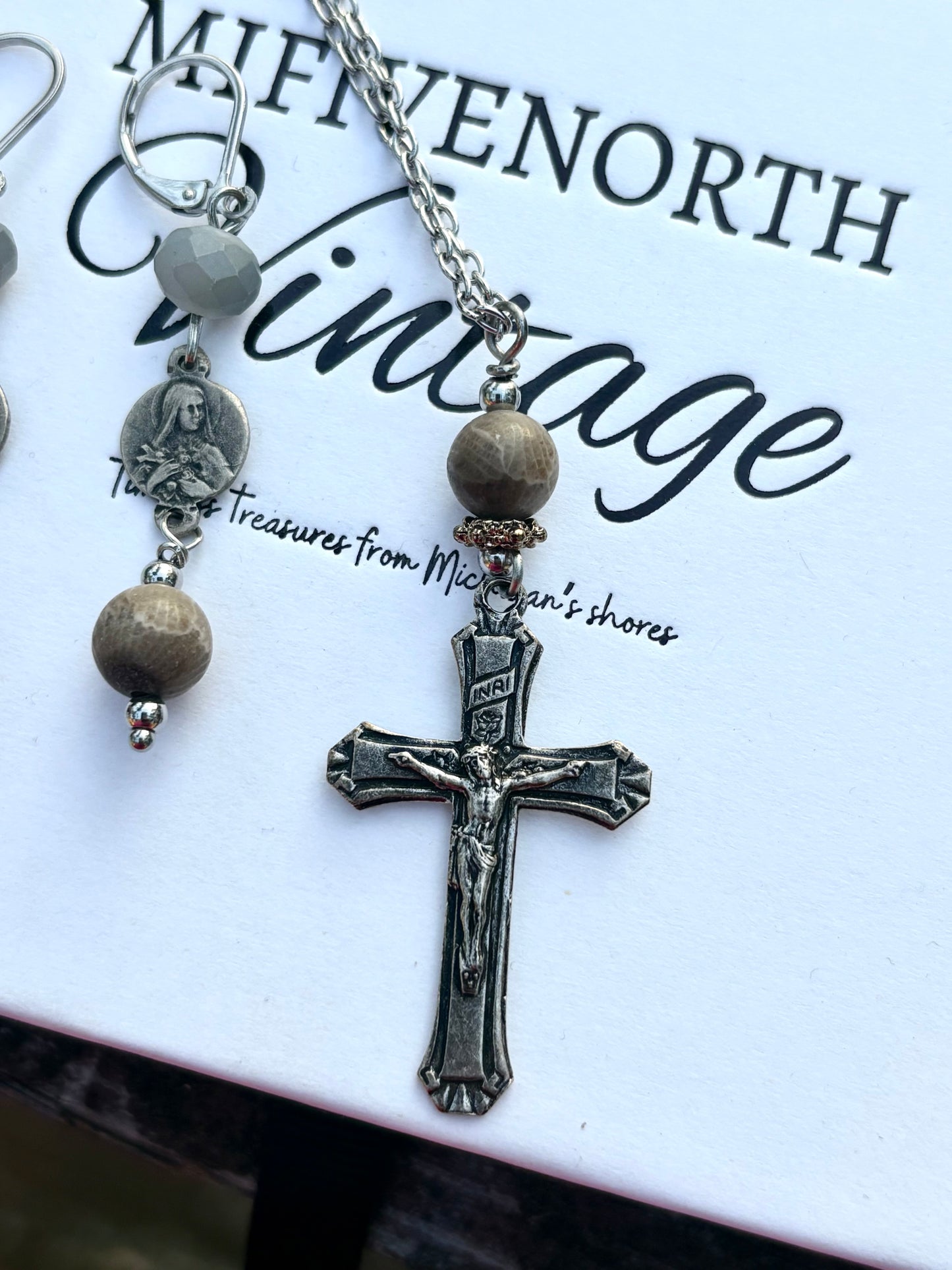 Vintage French Rosary & Petoskey Stone Jewelry Set – Earrings + 26” Stainless Steel Necklace