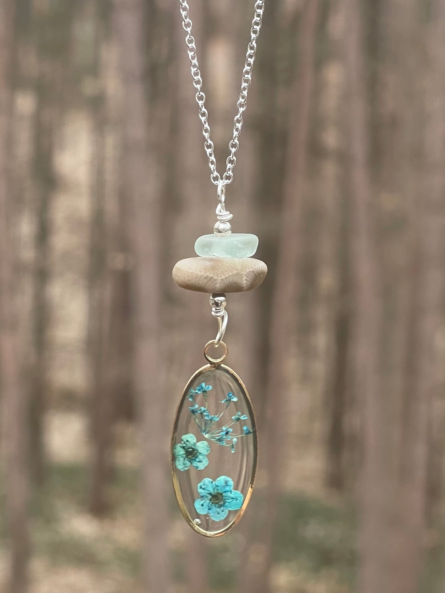 Michigan Petoskey stone and beach glass necklace with pressed flower charm