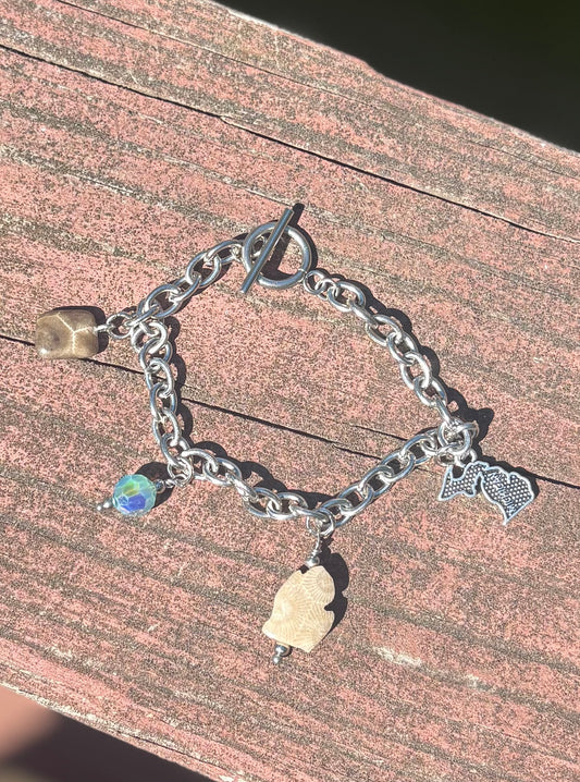 Michigan Charm Bracelet – Petoskey Stone & Vintage Swarovski Crystal | 7” Stainless Steel Toggle