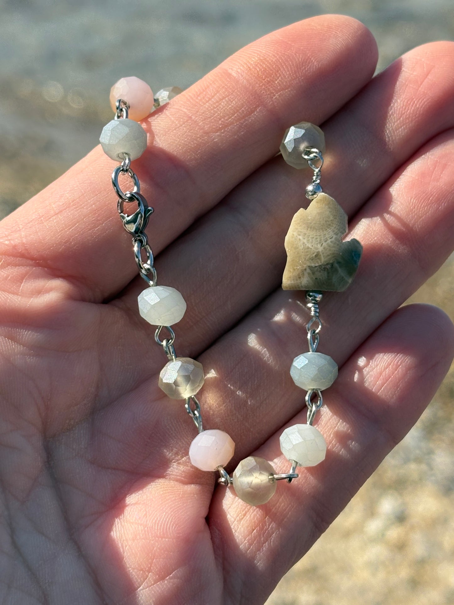 Pastel Rosary Chain Bracelet with Michigan Petoskey Stone β 7β Stainless Steel