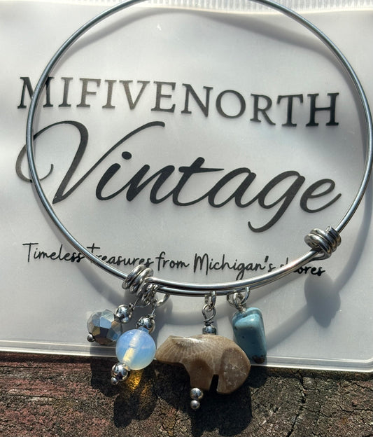 Petoskey Stone Bear Charm Bracelet – Michigan Gemstone Bangle