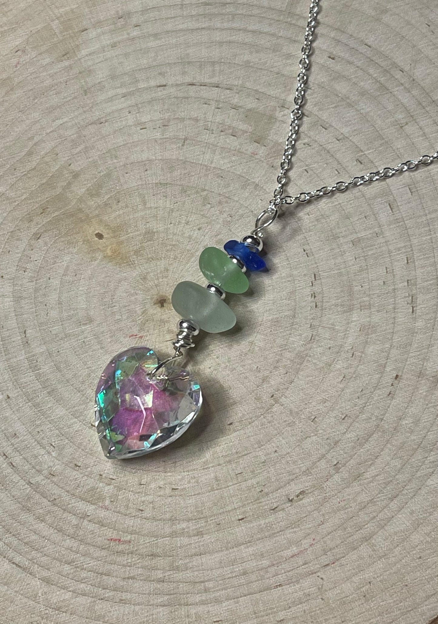 Gorgeous iridescent authentic vintage Swarovski pendant with Lake Michigan beach glass