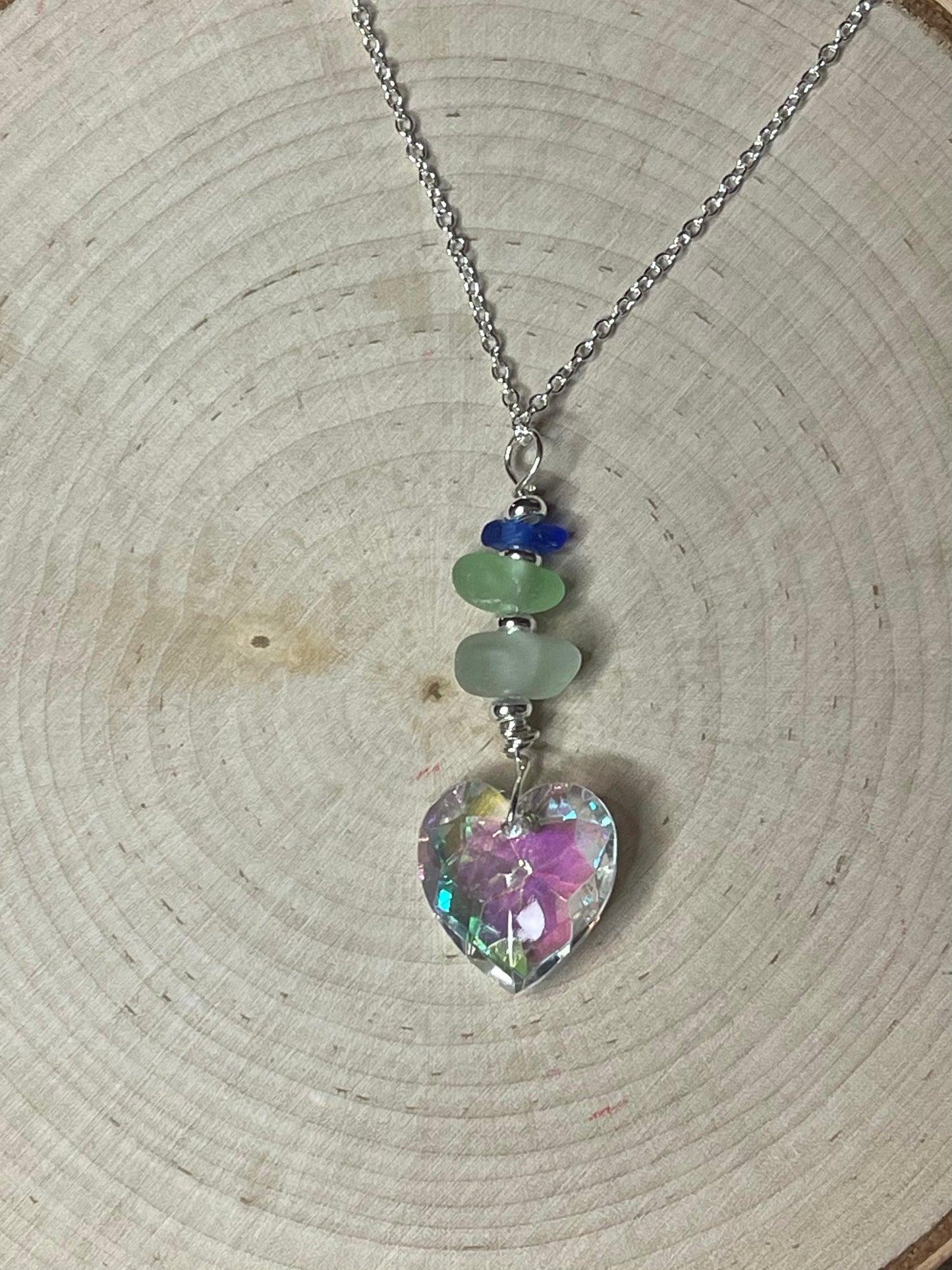 Gorgeous iridescent authentic vintage Swarovski pendant with Lake Michigan beach glass