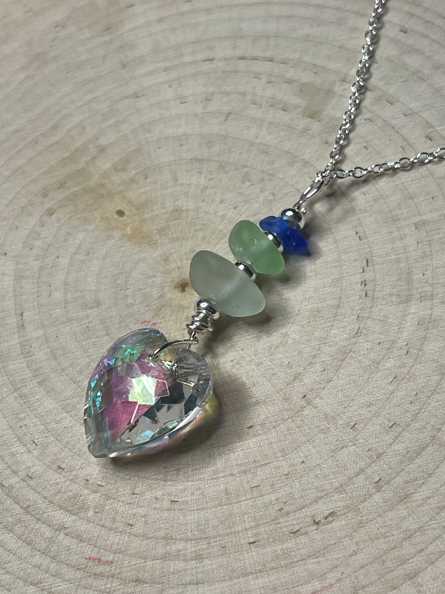 Gorgeous iridescent authentic vintage Swarovski pendant with Lake Michigan beach glass
