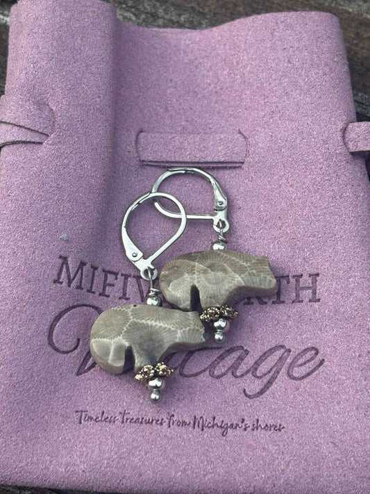 Petoskey Stone & Vintage Bronze Bead Earrings – Stainless Steel Leverbacks
