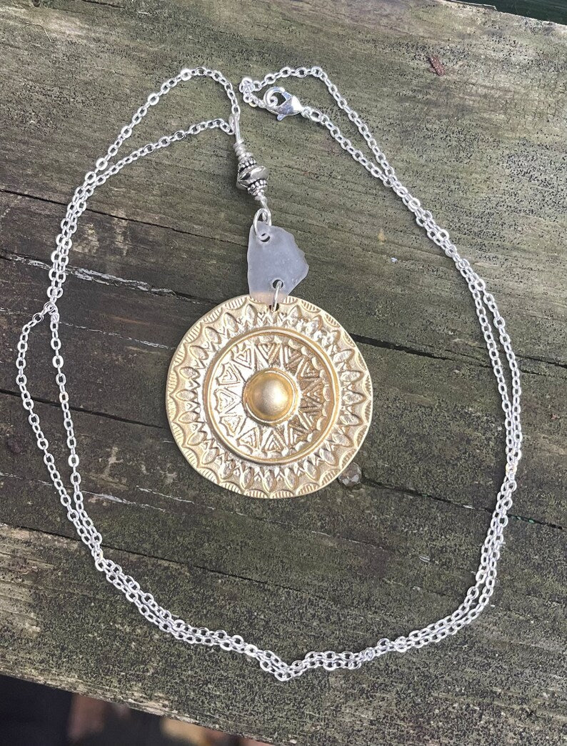 Gold Plated Medallion & White Lake Michigan Beach Glass 26" Necklace