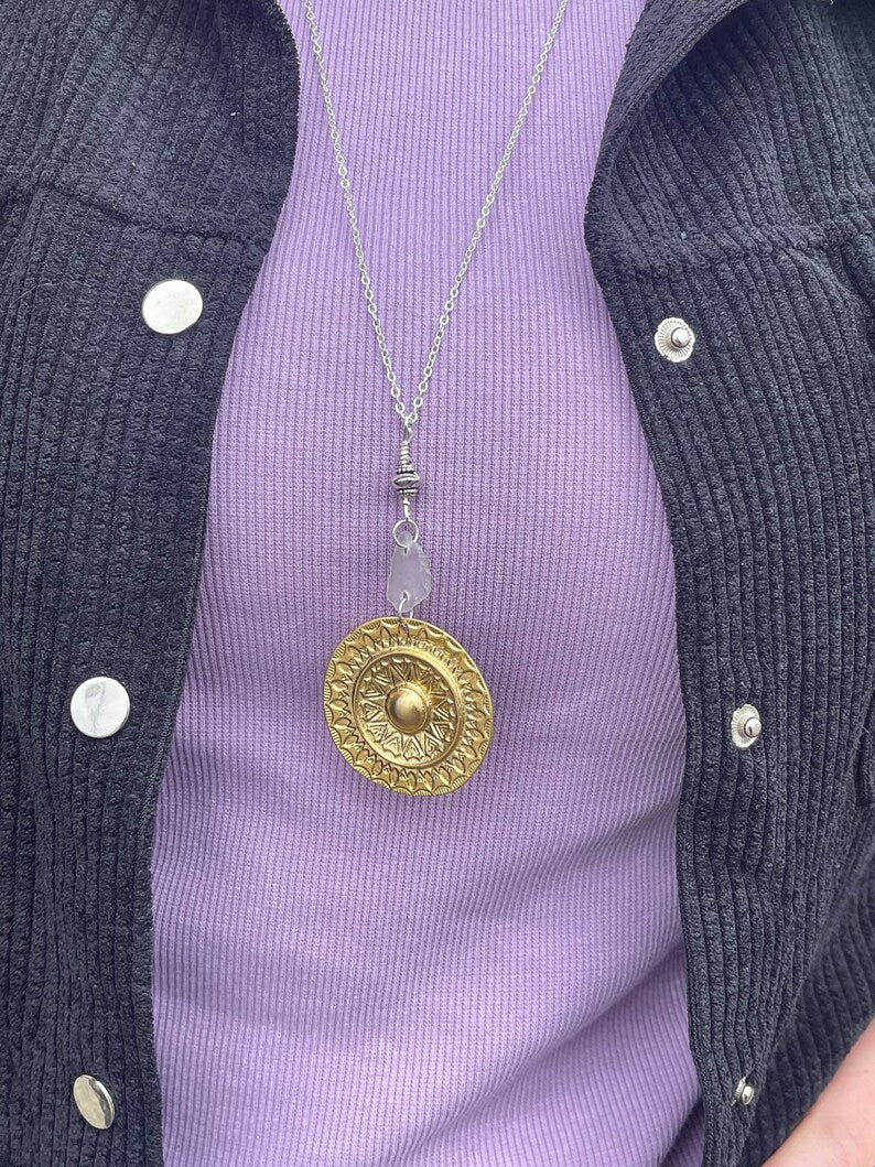 Gold Plated Medallion & White Lake Michigan Beach Glass 26" Necklace