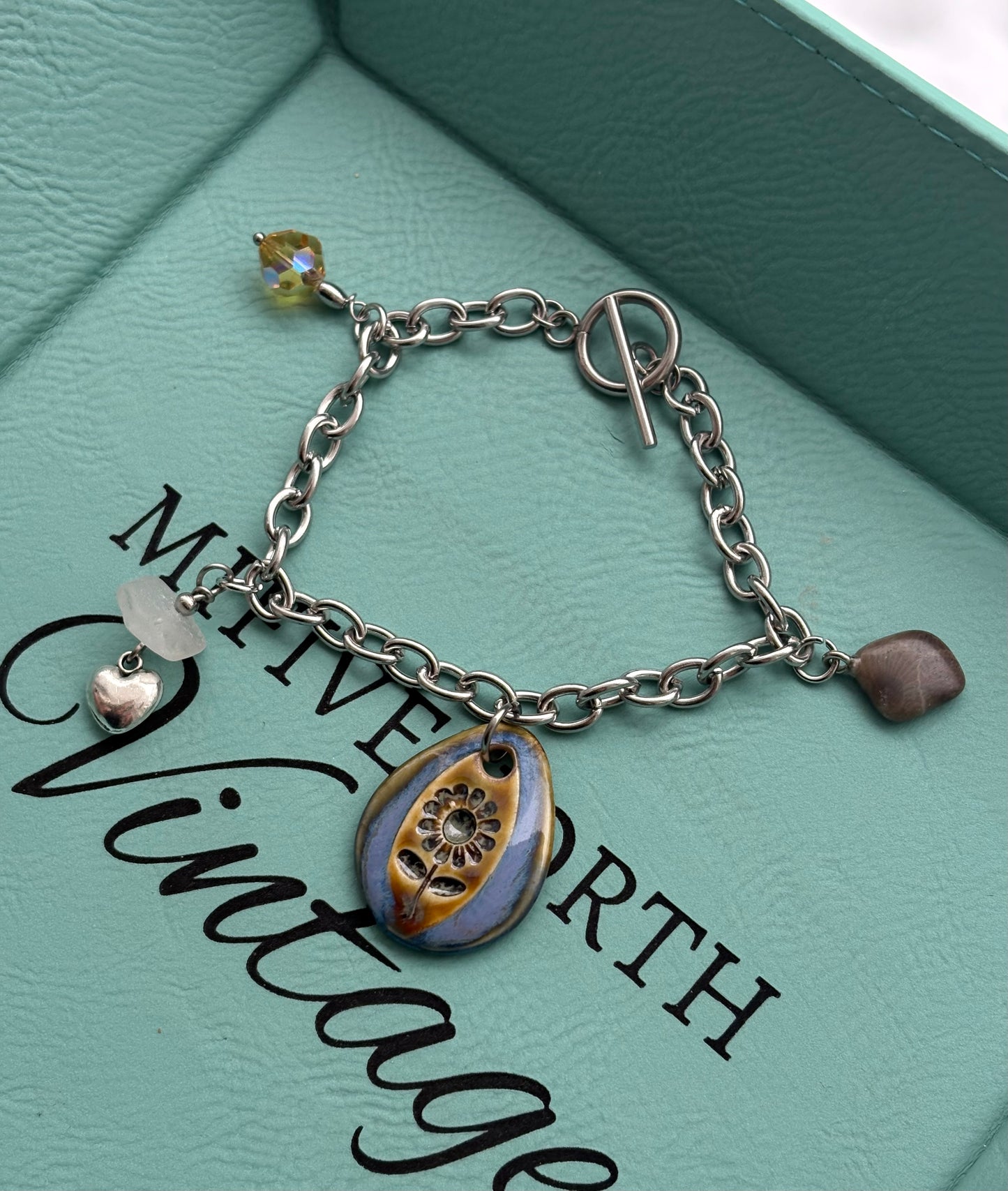 Petoskey stone & Beach Glass Charm Bracelet