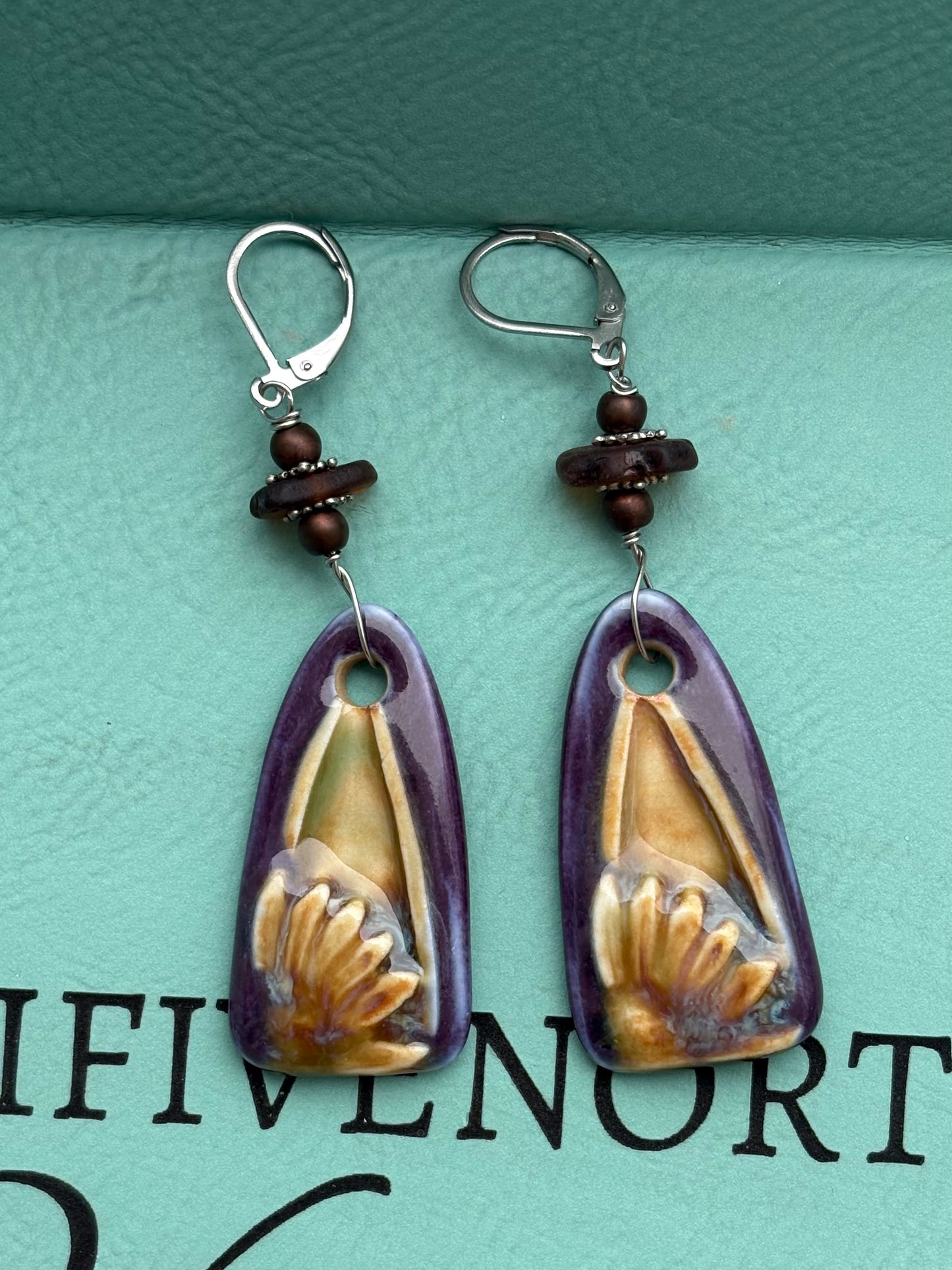 Deep purple Flower Charm Earrings with Lake MI beach glaaa