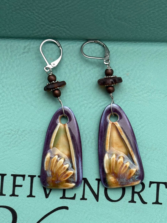 Deep purple Flower Charm Earrings with Lake MI beach glaaa