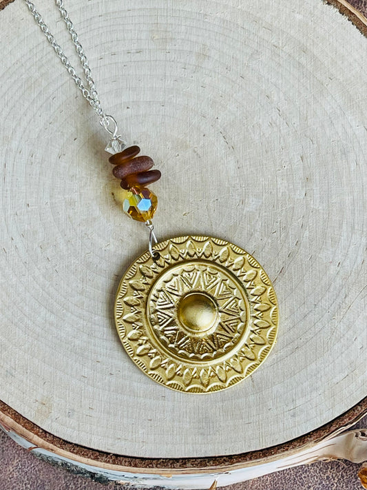 Good Plated Medallion + Authentic Lake Michigan Beach Glass + Topaz Vintage Swarovski Crystal